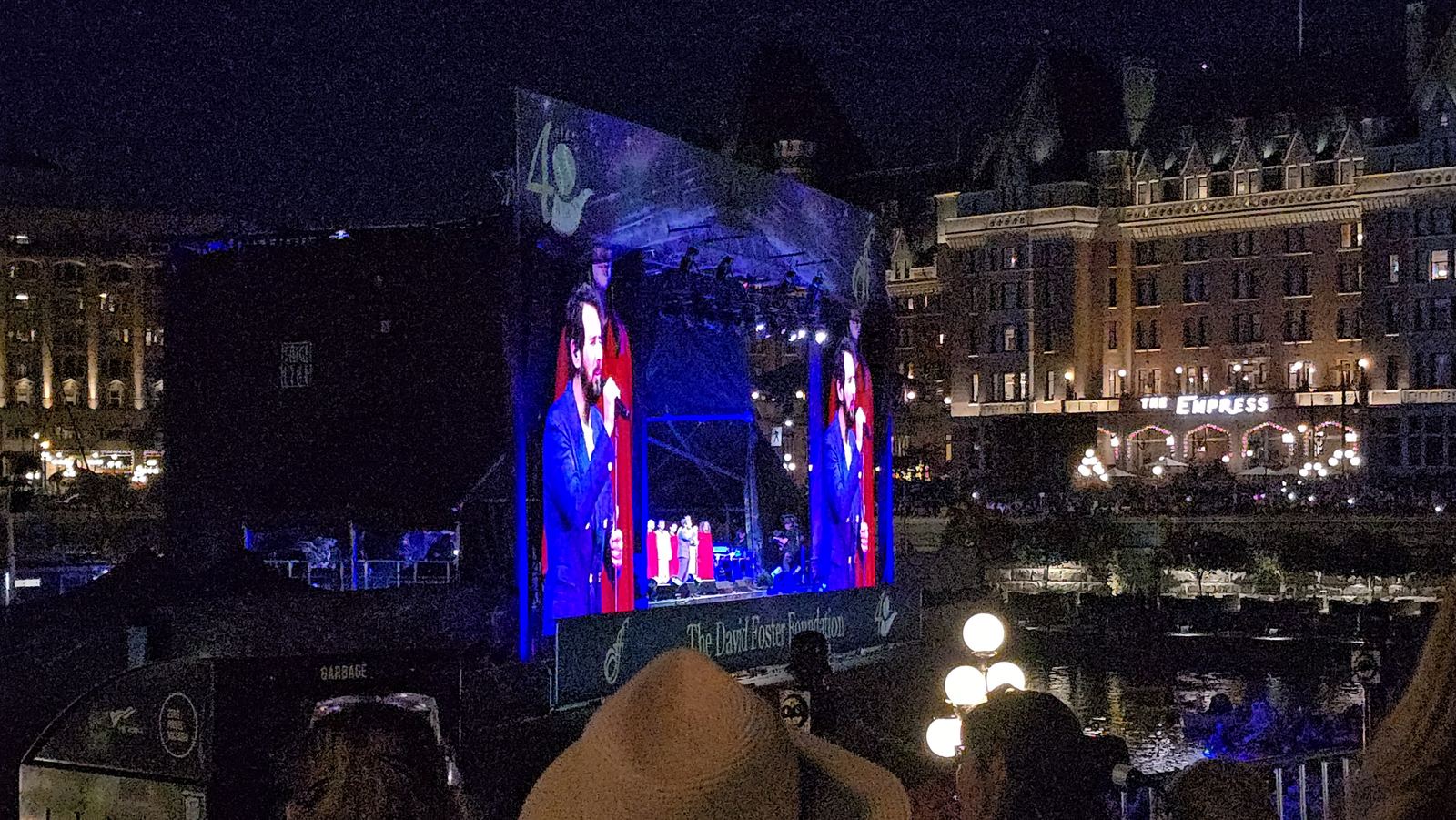 David Foster concert stage beside Victoria’s Inner Harbour at night