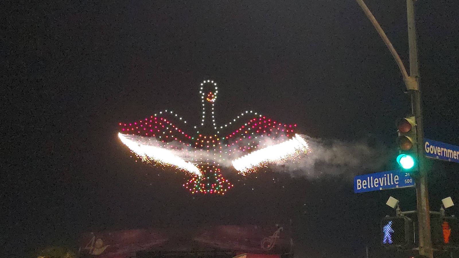 Flaming Canada goose drone above Victoria’s Inner Harbour