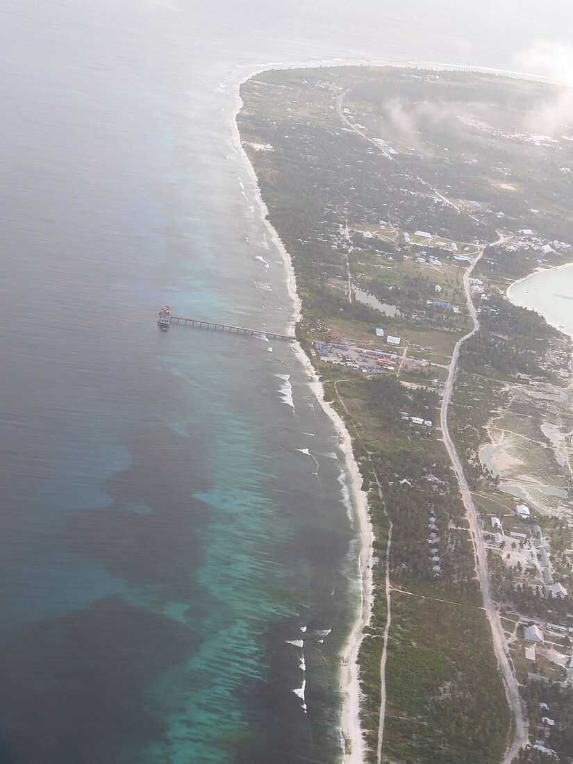 The low, flat atoll of Kiritimati seen from above